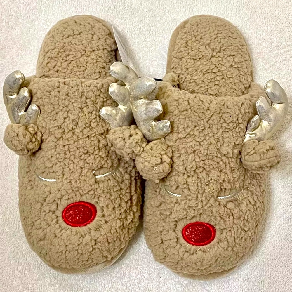 Red Nose REINDEER Slippers * Memory Foam * Warm Faux Wool * Ladies size L 9-10 *
